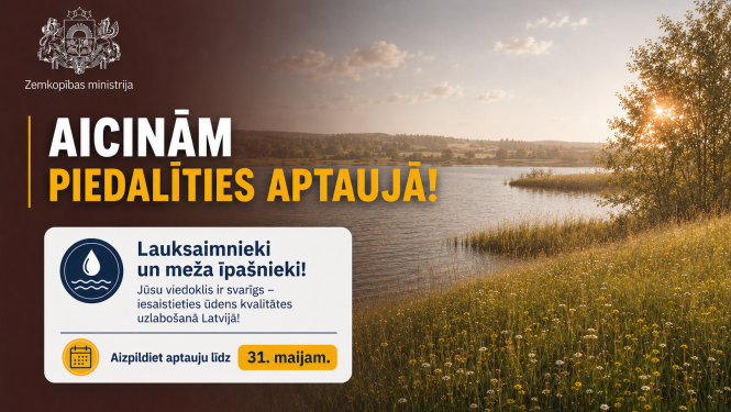 Lauku ainava ar ezeru, niedrēm un pļavu, kas izmantota Zemkopības ministrijas aptaujas paziņojumam par ūdens kvalitātes uzlabošanu.