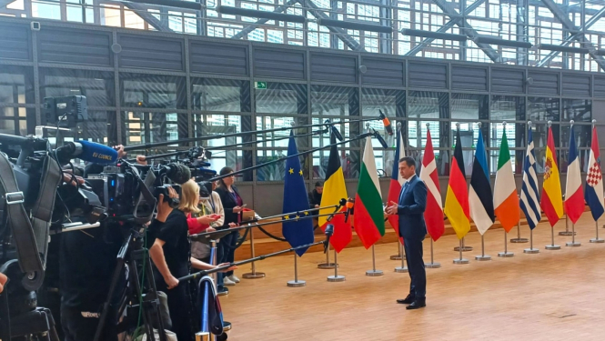 zemkopības ministrs Armands Krauze Briselē pirms padomes sēdes sniedz interviju ārvalstu medjiem