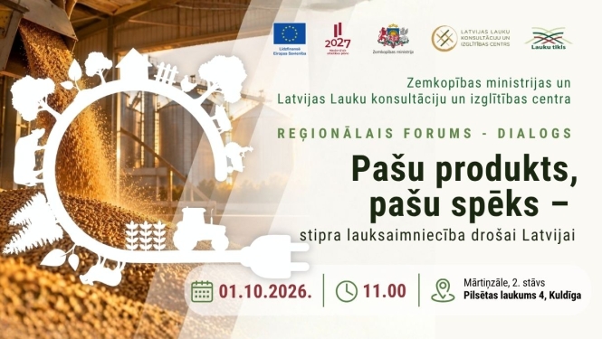 Plakāts: reģionālā konference "Pašu produkts, pašu spēks – stipra lauksaimniecība drošai Latvijai" Kuldīgā. . 