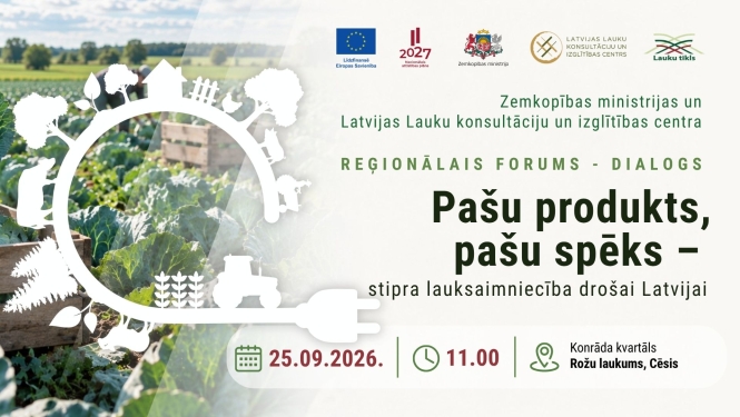 Plakāts: reģionālā konference "Pašu produkts, pašu spēks – stipra lauksaimniecība drošai Latvijai" Cēsīs.. 