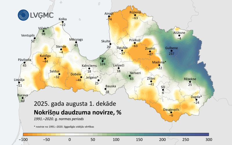 Latvijas karte ar nokrišņu daudzuma atzīmēm