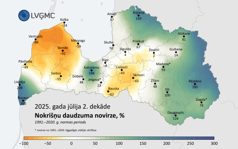 Latvijas karte ar nokrišņu daudzuma atzīmēm