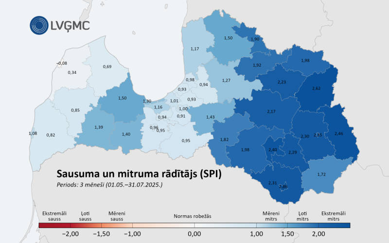 Latvijas karte ar mitruma līmeņa atzīmēm