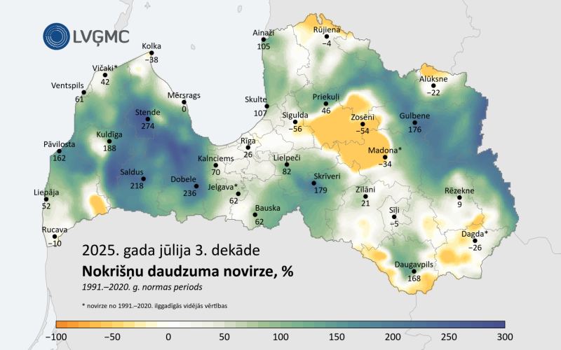 Latvijas karte ar nokrišņu daudzuma atzīmēm