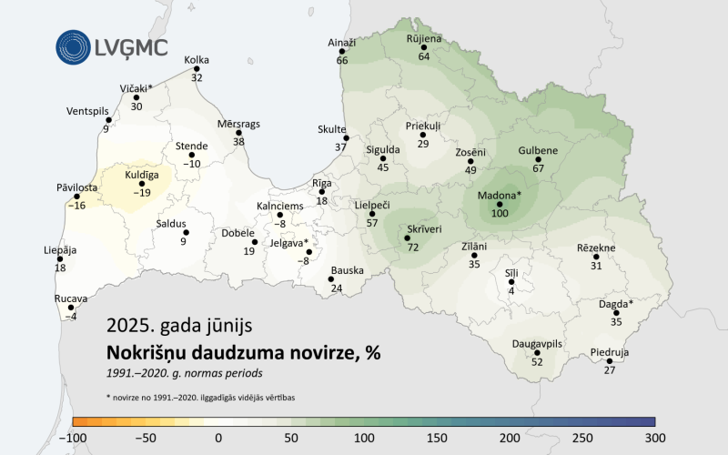 Latvijas karte ar nokrišņu daudzuma atzīmēm