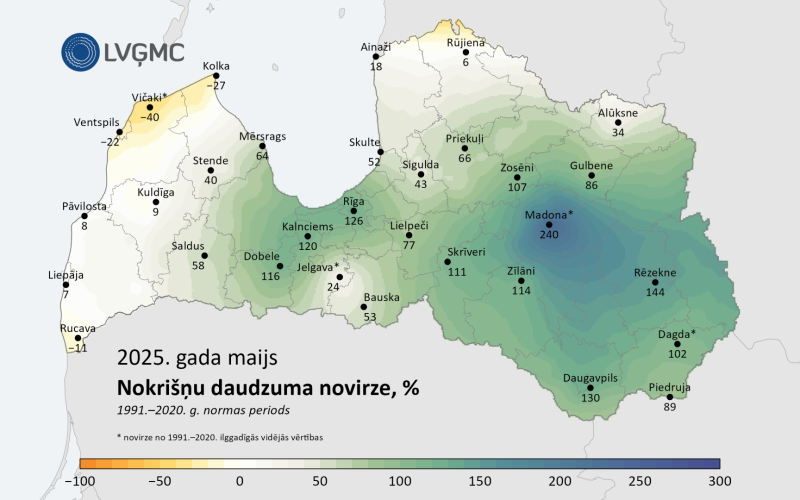 Latvijas karte ar nokrišņu daudzuma atzīmēm