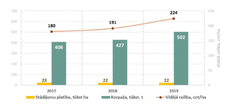 Kartupeļu stādījumu platība, kopraža un ražība Latvijā 2017.–2019. gadā