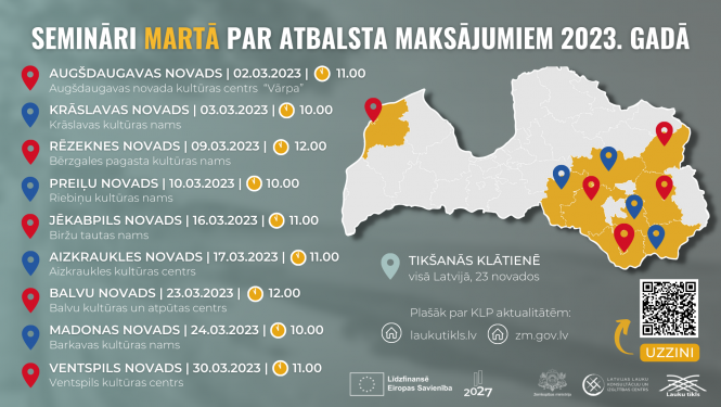 Latvijas karte ar atzīmētiem punktiem, kur notiek semināri