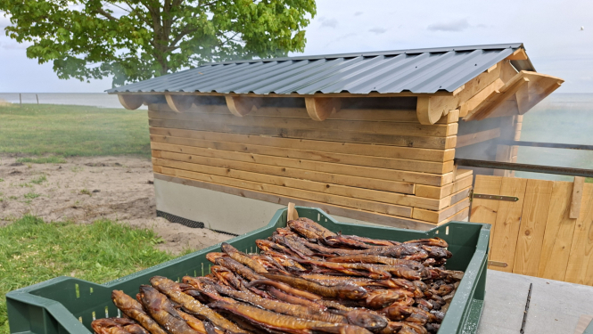 Kūpinātas zivis blakus kūpinātavai