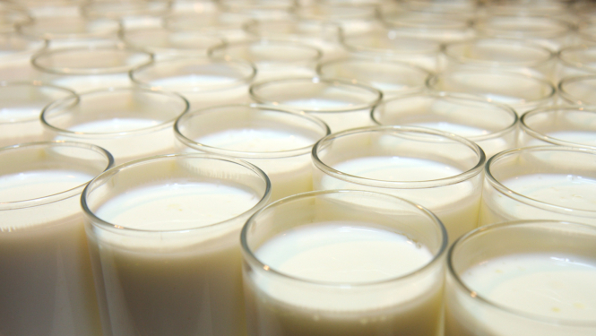 Daudz stikla glāzes ar pienu