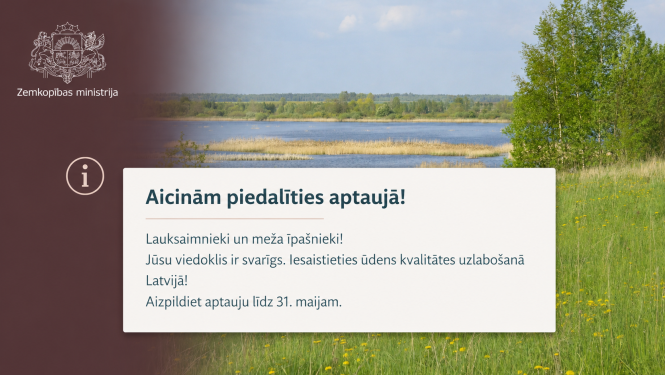 Lauku ainava ar ezeru, niedrēm un pļavu, kas izmantota Zemkopības ministrijas aptaujas paziņojumam par ūdens kvalitātes uzlabošanu.