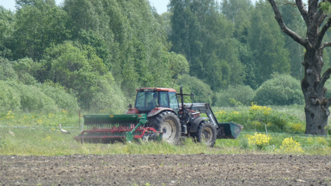 Traktors ar sējmašīnu pavasara sējā tīrumā. 