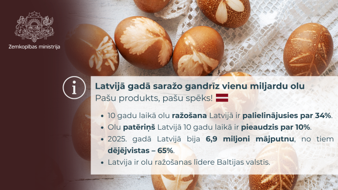 Vizuālis ar lakonisku informāciju no ziņas par Latvijas olu ražošanas nozari