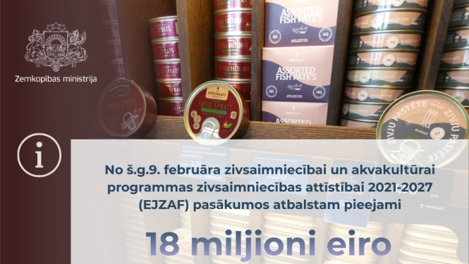 Zivju konservi veikala plauktos un uzraksts uz gaša laukuma