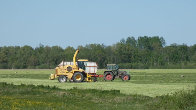 Pļaujmašīna un traktors laukā vāc zāli