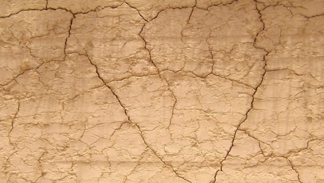 Attēls ilustrē sausumu. Izkaltusi mālaina augsne.