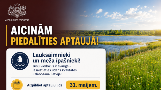 Lauku ainava ar ezeru, niedrēm un pļavu, kas izmantota Zemkopības ministrijas aptaujas paziņojumam par ūdens kvalitātes uzlabošanu.
