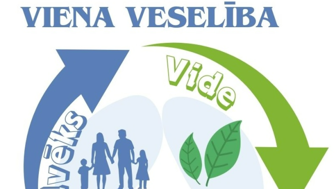 logo "Viena veselība", kurā simboliski attēloti ļaudis, augu lapiņas un dzīvnieki