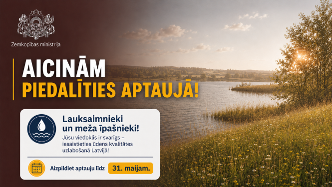 Lauku ainava ar ezeru, niedrēm un pļavu, kas izmantota Zemkopības ministrijas aptaujas paziņojumam par ūdens kvalitātes uzlabošanu.