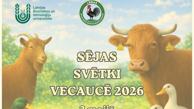 pasākuma plakāts ar kazas, mājas pīļu un gotiņas zīmējumiem