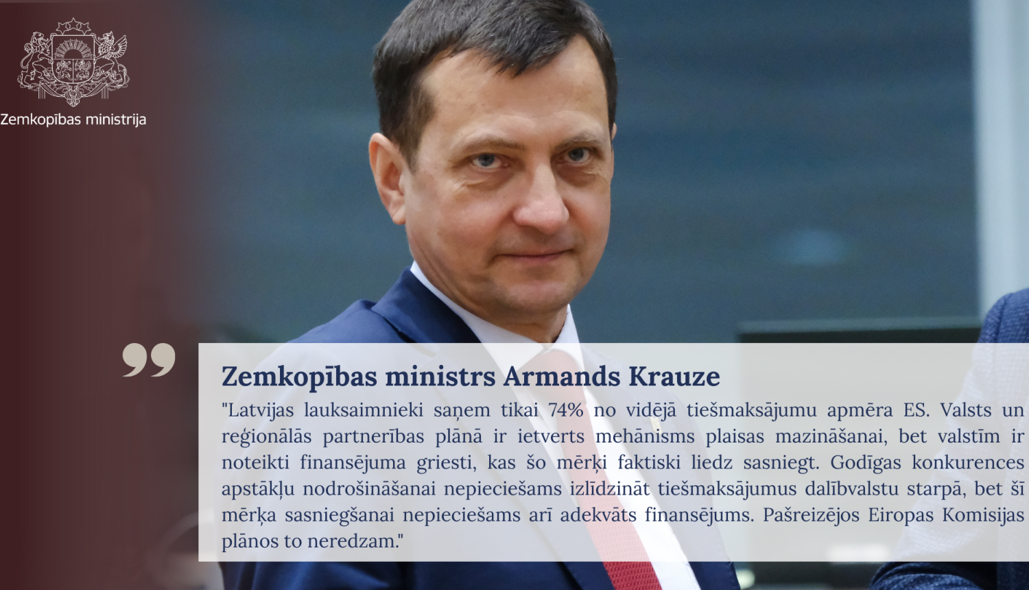 Zemkopības ministra Armanda Krauzes bilde ar citātu no teksta