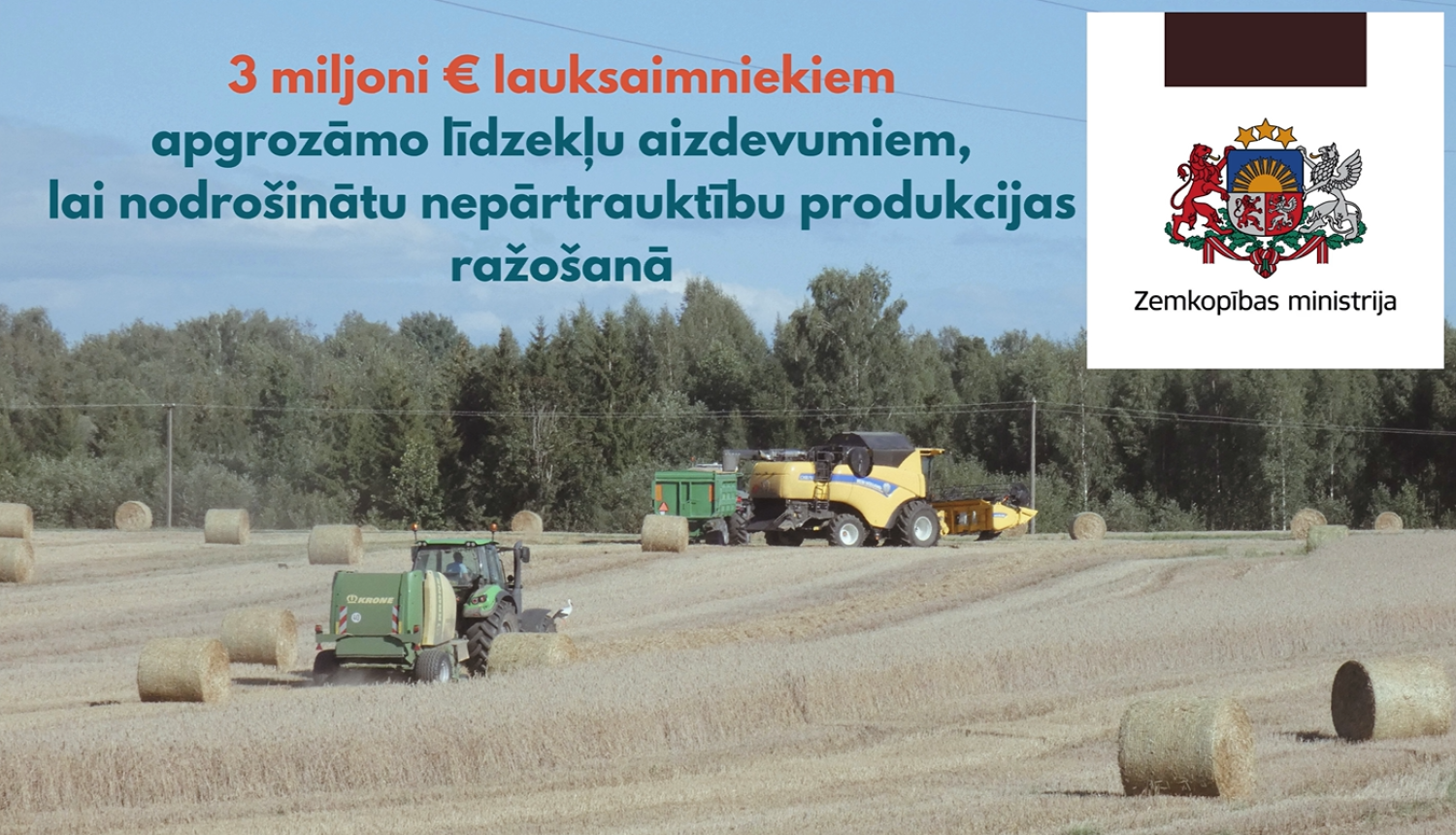 Lauku foto ar uzrakstu par 3 milj. eiro lauksaimniekiem atbalstā