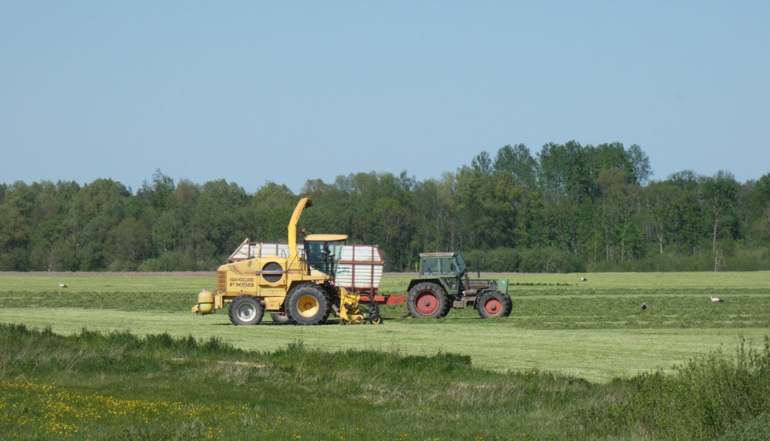 Pļaujmašīna un traktors laukā vāc zāli
