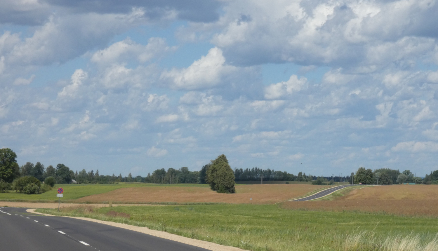 Zaļi lauki un kopts asfaltēts ceļš