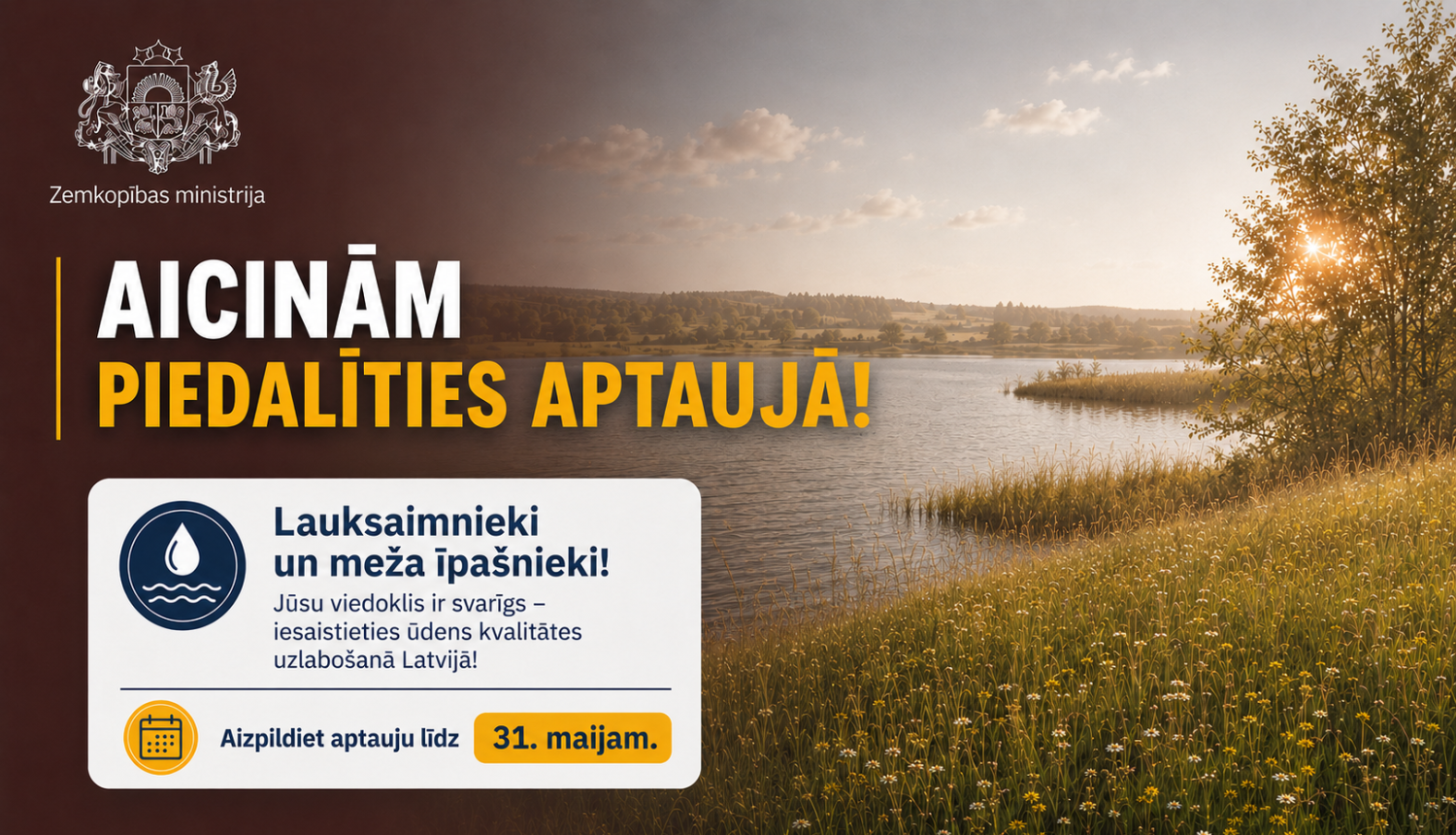 Lauku ainava ar ezeru, niedrēm un pļavu, kas izmantota Zemkopības ministrijas aptaujas paziņojumam par ūdens kvalitātes uzlabošanu.