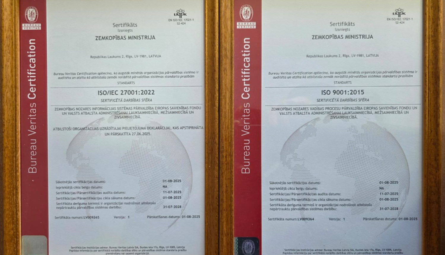 Divi ISO sertifikāti rāmītī