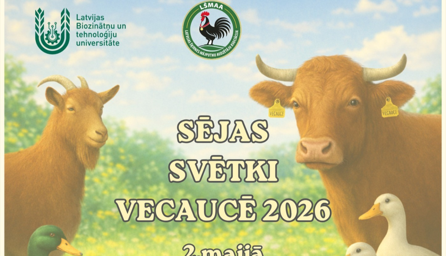 pasākuma plakāts ar kazas, mājas pīļu un gotiņas zīmējumiem