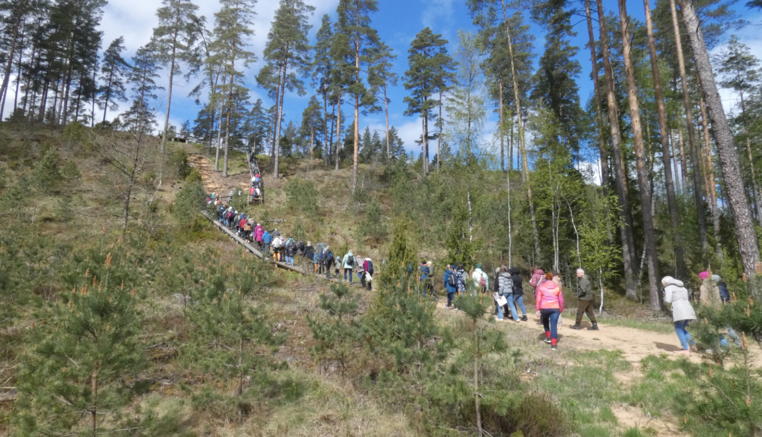 Cilvēku grupa zosu gājienā pa taku kāpj stāvā kāpā
