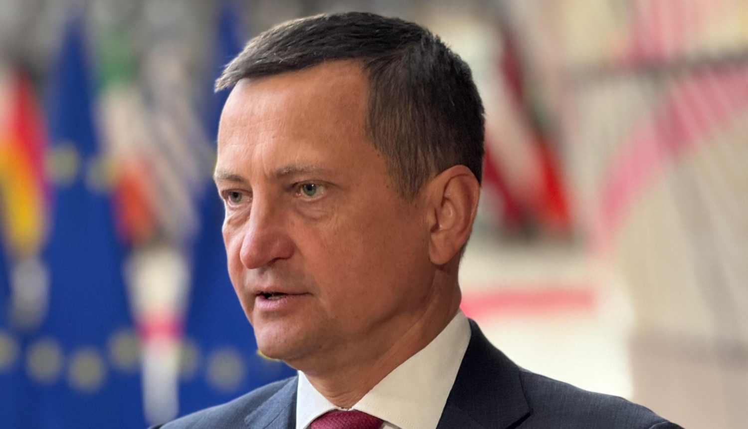zemkopības ministrs Armands Krauze Briselē uz ES karogu fona
